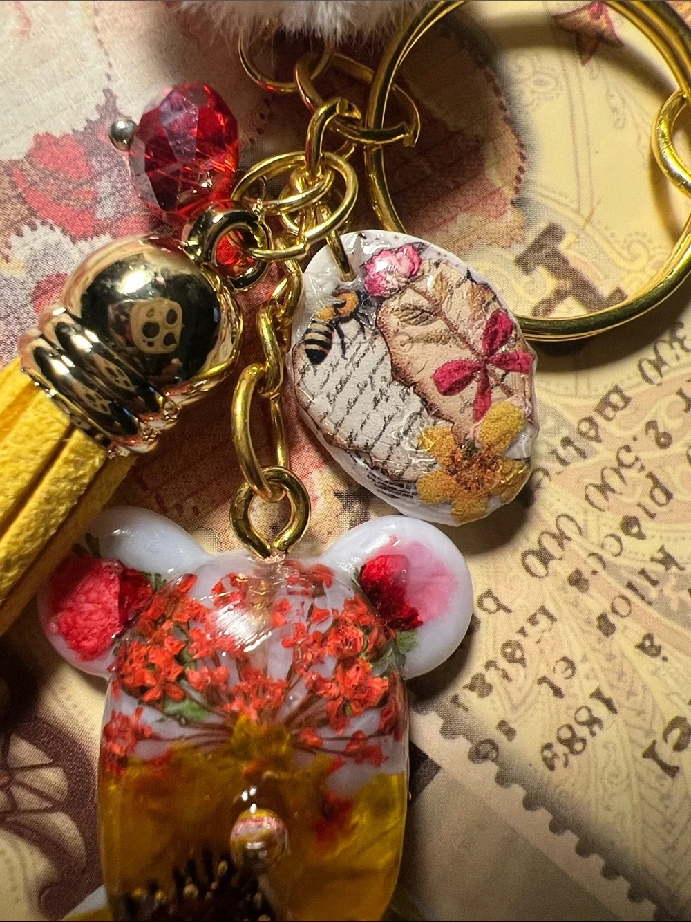 Handmade Yellow Floral Bear Keychain, backpack or purse charm